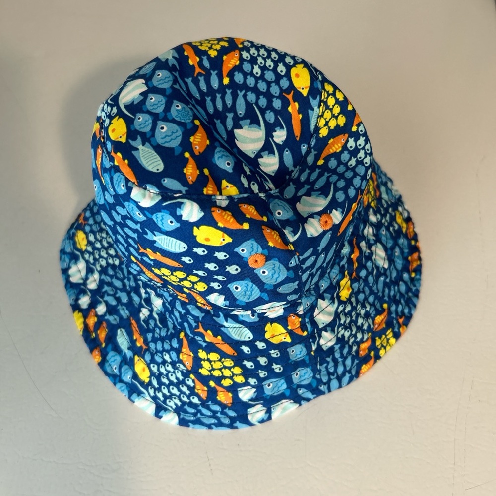 TODDLER Child BOY UV Skinz Beach Pool Bucket Hat Orange Blue FISH Reversible 3T